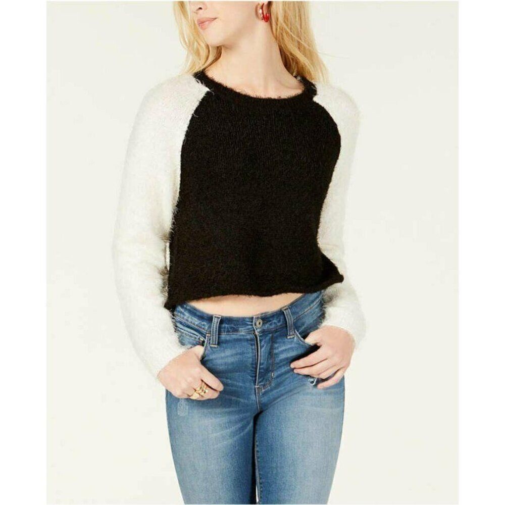 PLANET GOLD‎ Juniors Fuzzy Cropped Baseball Sweater Black White L Large NWT